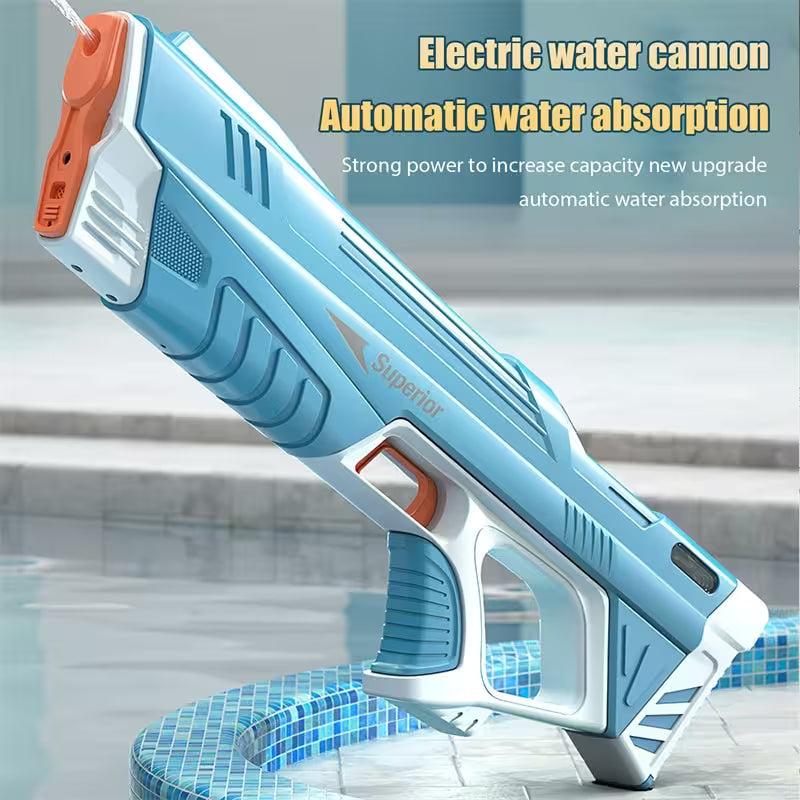 Electric water cannon with text on a pool background