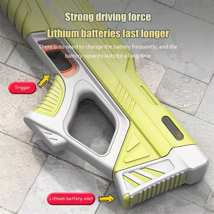 Green and silver power tool with text highlighting lithium battery features on a tiled floor.