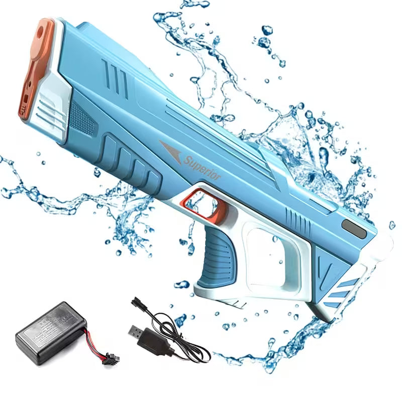 Blue water gun with water splashes and charging cable on a white background