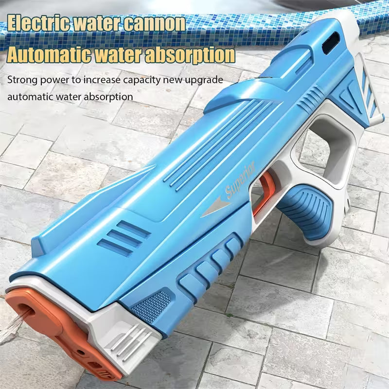 Blue and orange water gun with text on a tiled floor