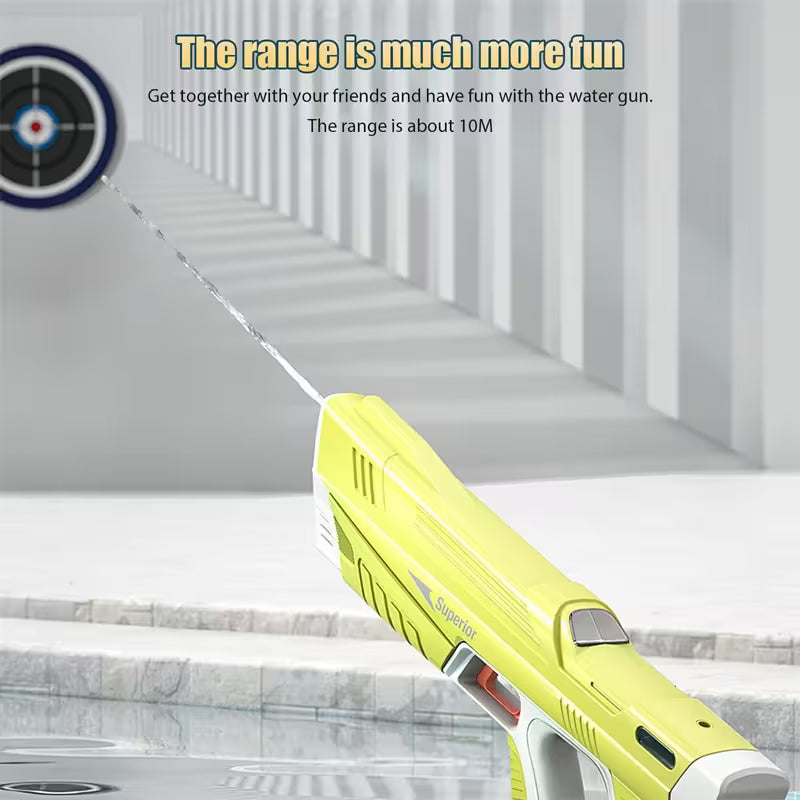 Yellow water gun with a target in the background on a gray floor.