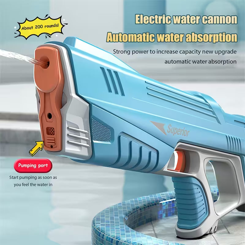 Blue electric water cannon with text on a pool background