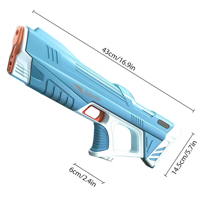 Blue toy gun with measurements on a white background
