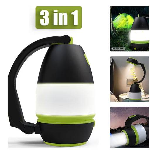 Multi-functional camping lamp with black and green design, featuring '3 in 1' text.