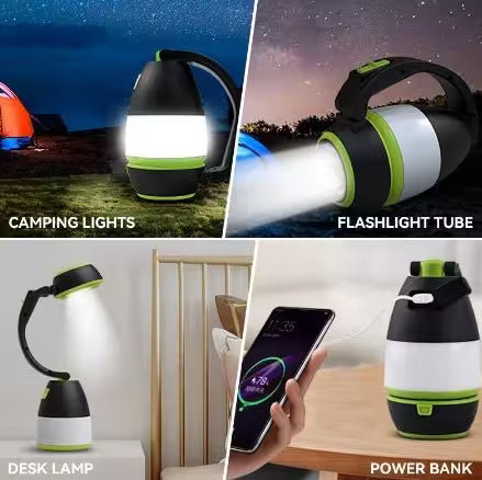 Multifunctional camping light with flashlight, desk lamp, and power bank features.