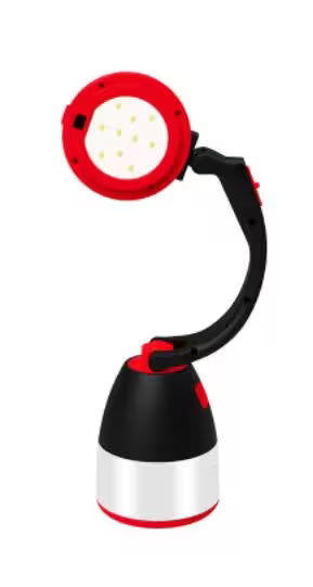 Red and black portable lamp with flexible neck on a white background