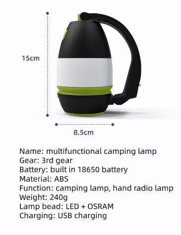 Multifunctional camping lamp with dimensions and specifications on a white background