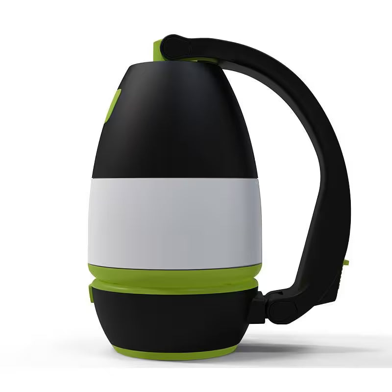 Black, gray, and green thermos with handle on a white background