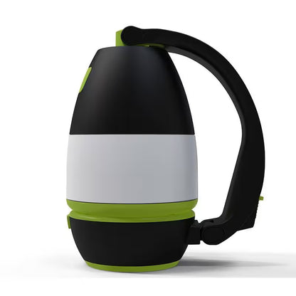 Black, gray, and green thermos with handle on a white background