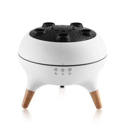 White and black device with wooden legs on a white background