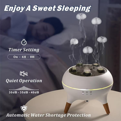 Humidifier with jellyfish lights on a table, with a blurred background of a person sleeping.