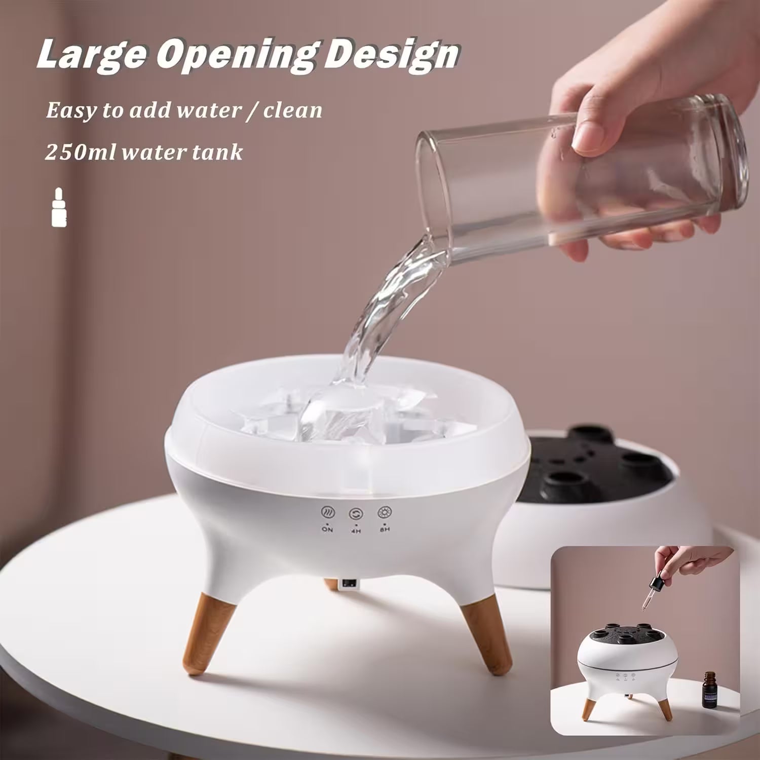 Pet water fountain with a hand pouring water into it, labeled 'Large Opening Design' and '250ml water tank'.