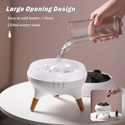 Pet water fountain with a hand pouring water into it, labeled 'Large Opening Design' and '250ml water tank'.