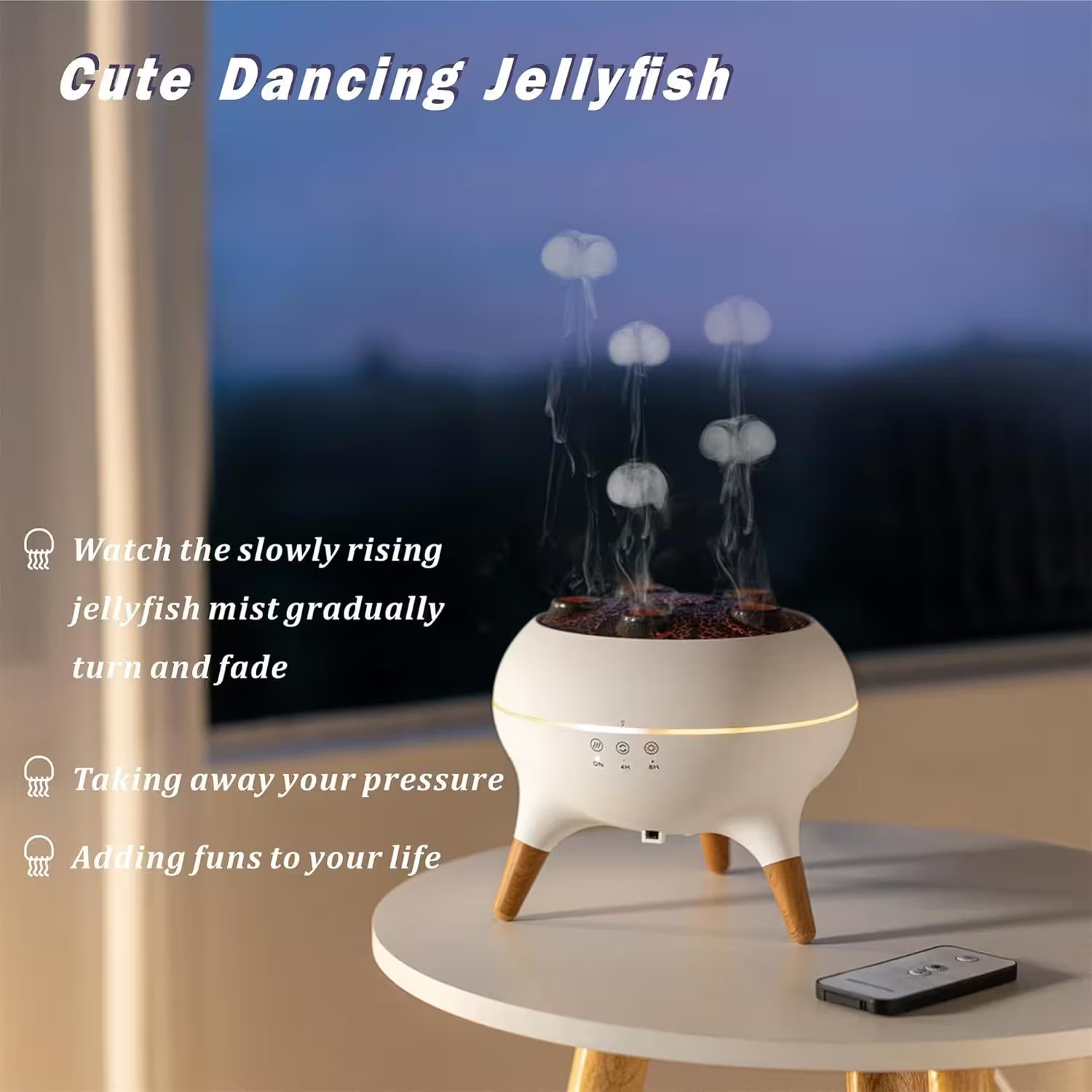 Cute dancing jellyfish device on a table with text describing its features.
