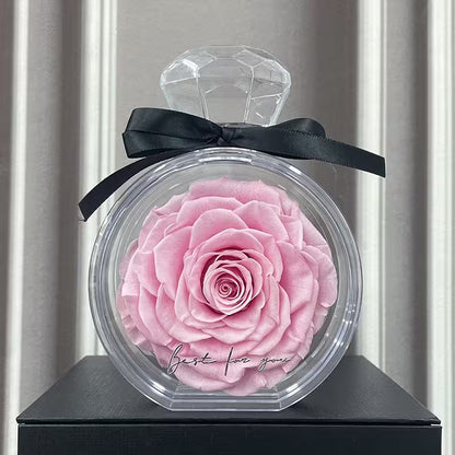 Pink rose in a clear container with a black bow on a gray background