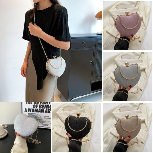 Heart-shaped handbags in various colors held by a person, with close-up shots on a white surface.