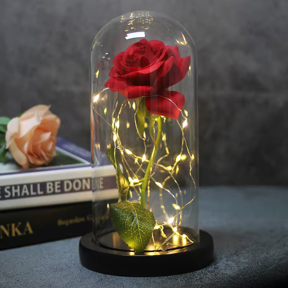 Red rose inside a glass dome with LED lights on a dark background