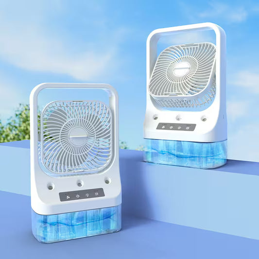Two white fans with blue accents on a blue surface with a blurred outdoor background