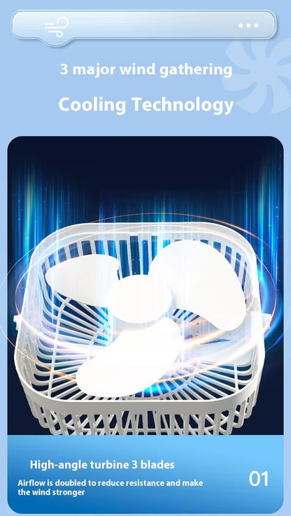 Fan with high-angle turbine blades on a blue background, featuring text about wind gathering cooling technology.
