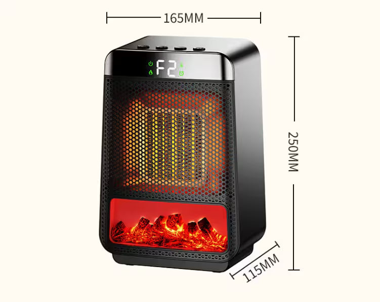 Portable heater with digital display and flame effect, shown with dimensions on a white background.
