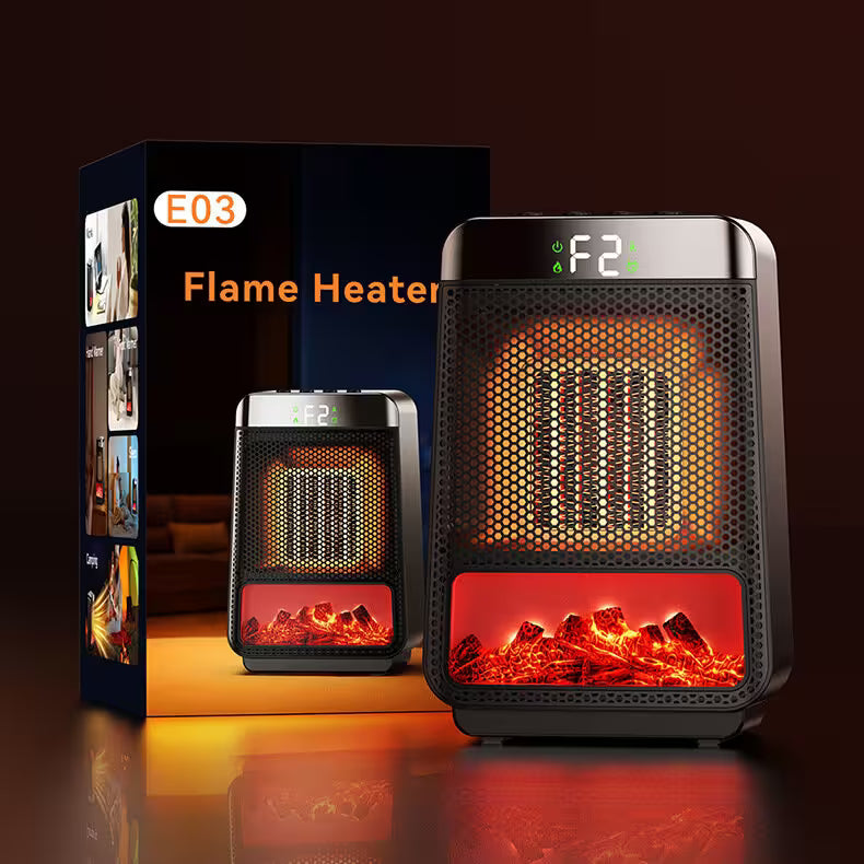 Flame heater with glowing interior and packaging displaying 'E03 Flame Heater' on a dark background.