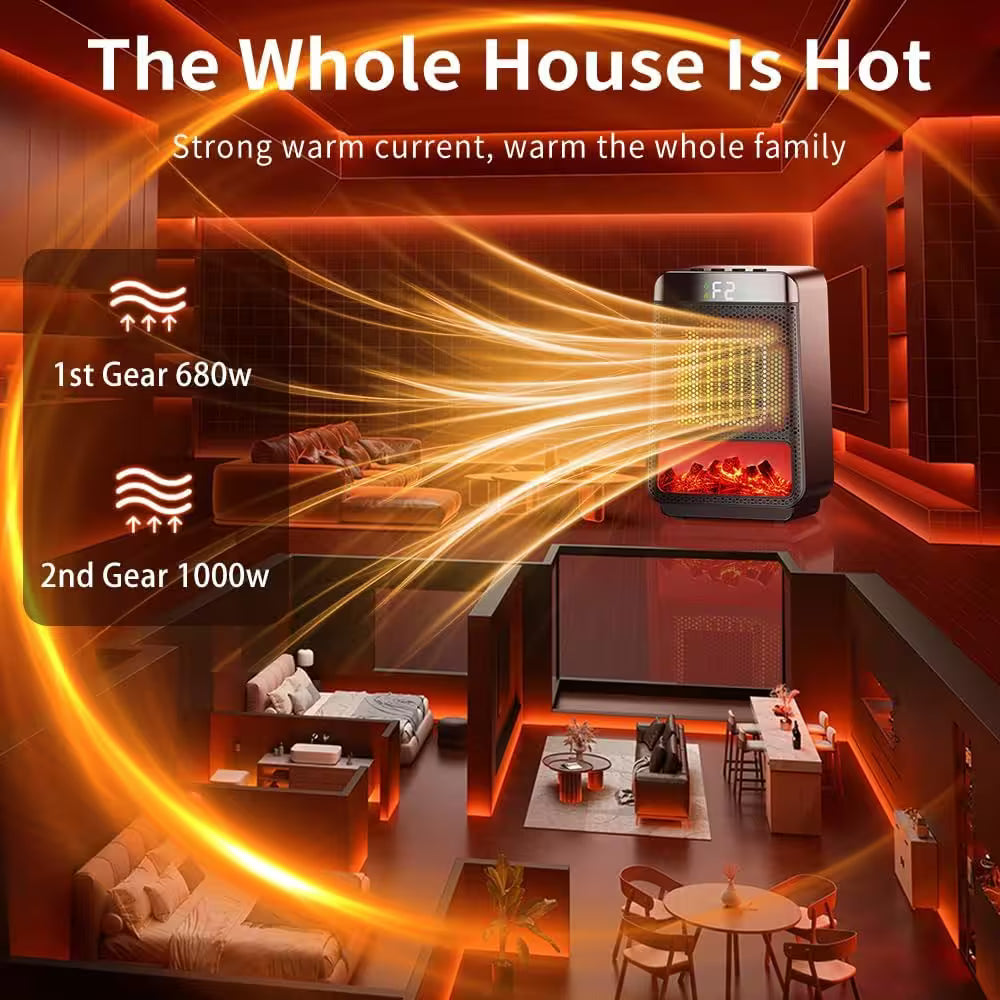 Heater with warm glow effect in a living room setting, indicating it warms the whole house.