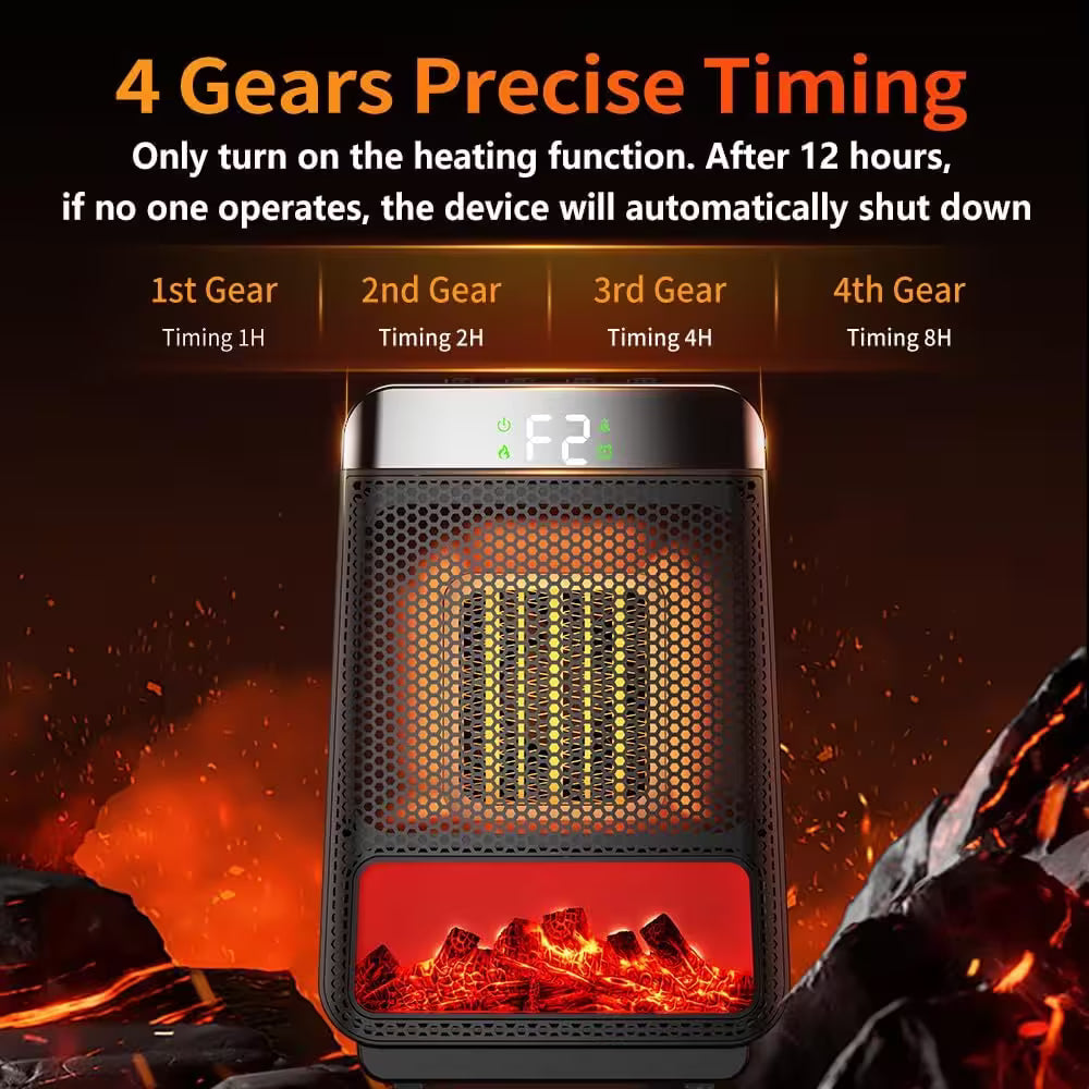 Portable heater with digital display and fire simulation on a dark background