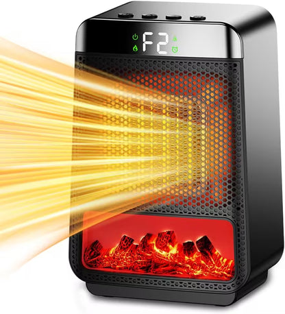 Portable space heater with digital display and flame effect on a white background
