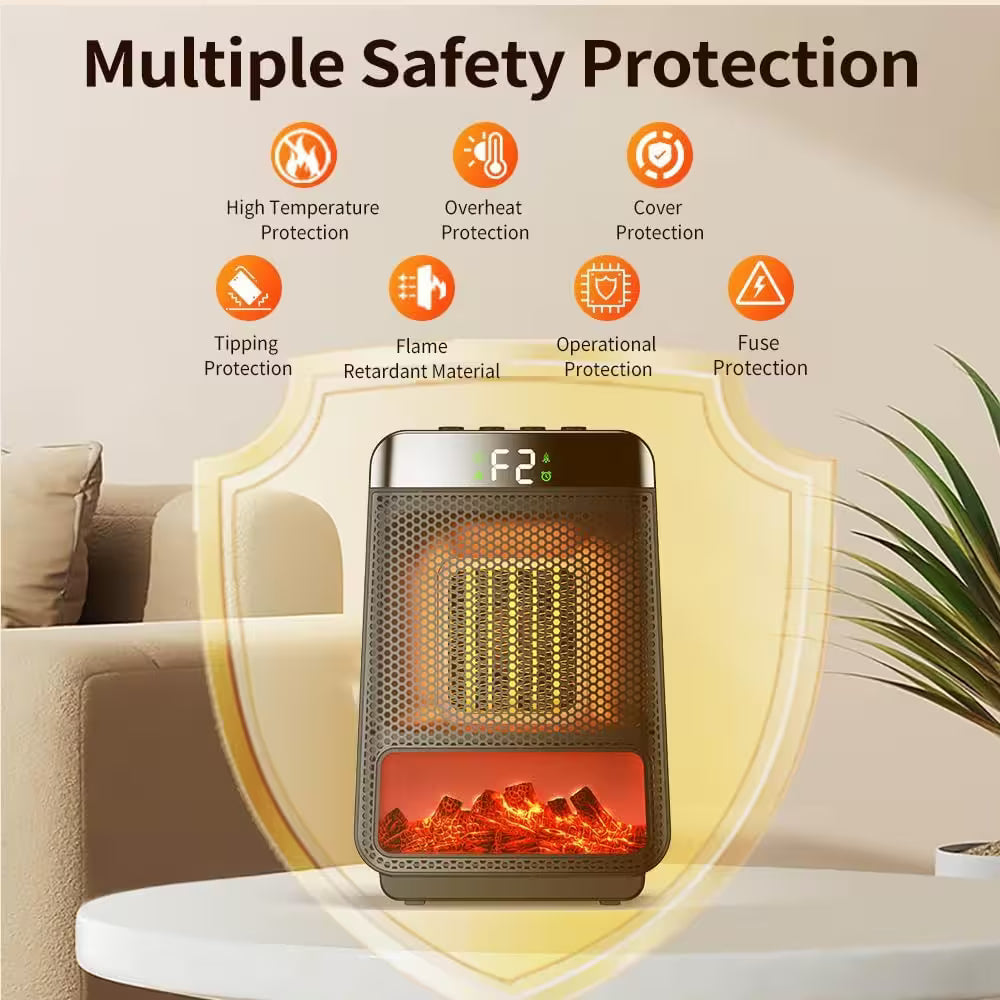 Portable heater with safety features on a neutral background