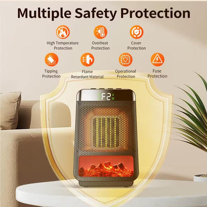 Portable heater with safety features on a neutral background