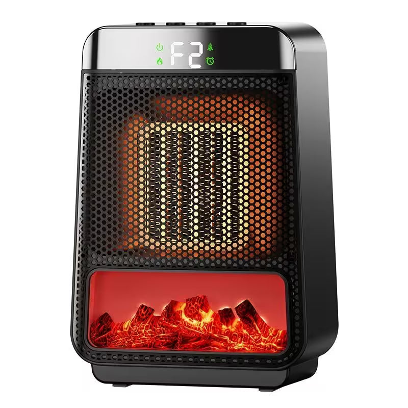 Portable space heater with digital display and fire simulation at the base on a white background