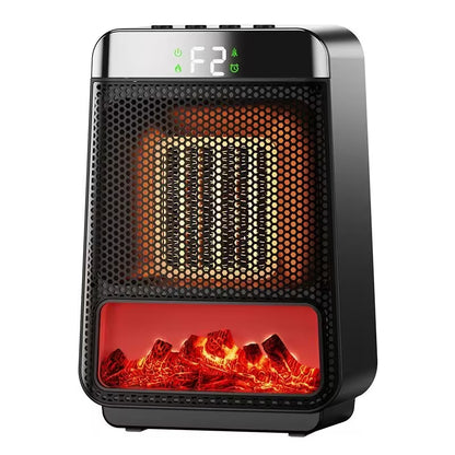 Portable space heater with digital display and fire simulation at the base on a white background