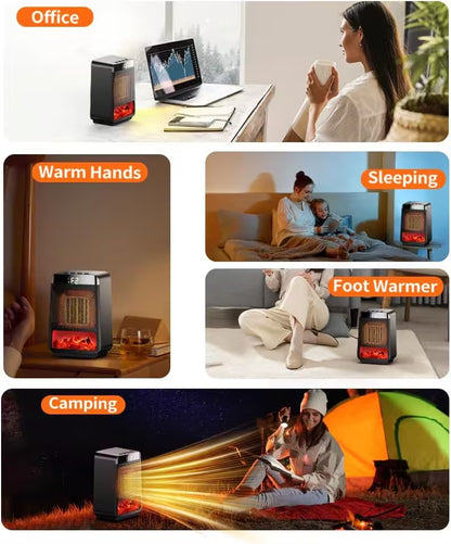 Collage of a portable heater in various settings including office, home, and camping.