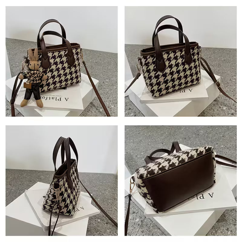 Four views of a houndstooth patterned handbag on a white surface.