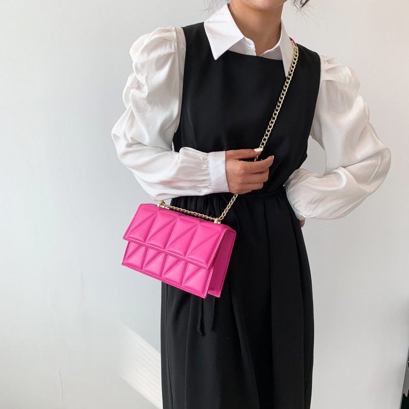Person holding a pink quilted handbag with a gold chain strap against a white background