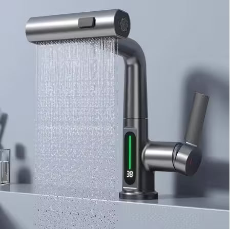 Modern kitchen faucet with showerhead and digital display on a gray background