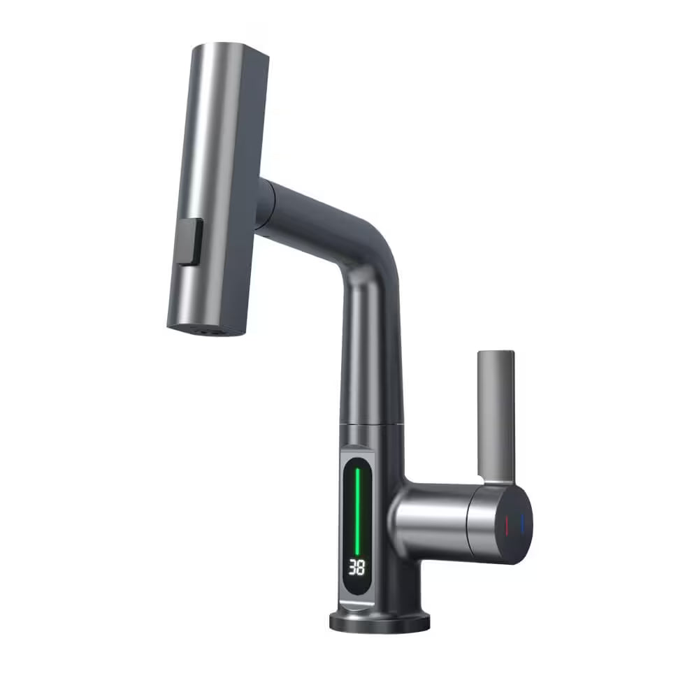 Modern kitchen faucet with digital display on a white background