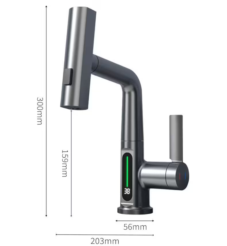 Modern kitchen faucet with digital display and measurement details on a white background