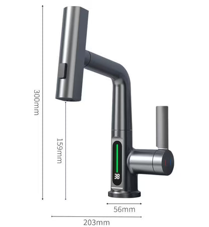 Modern kitchen faucet with digital display and measurement details on a white background