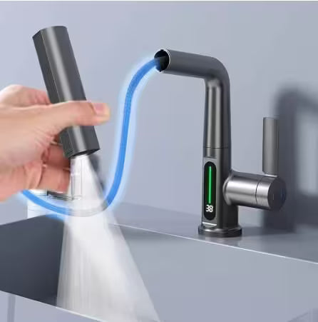 Smart kitchen faucet with water spray feature on a gray background