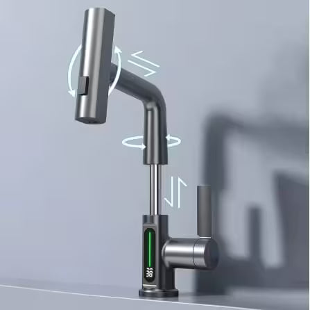 Modern kitchen faucet with digital display on a gray background