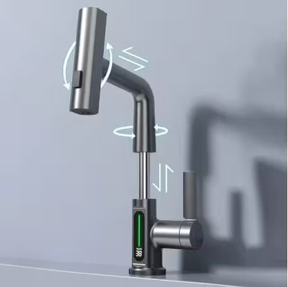 Modern kitchen faucet with digital display on a gray background
