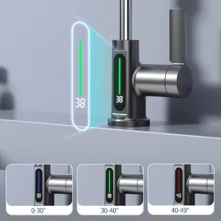 Modern kitchen faucet with digital temperature display on a gray background