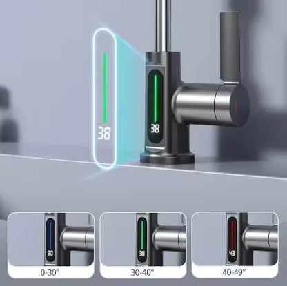 Modern kitchen faucet with digital temperature display on a gray background