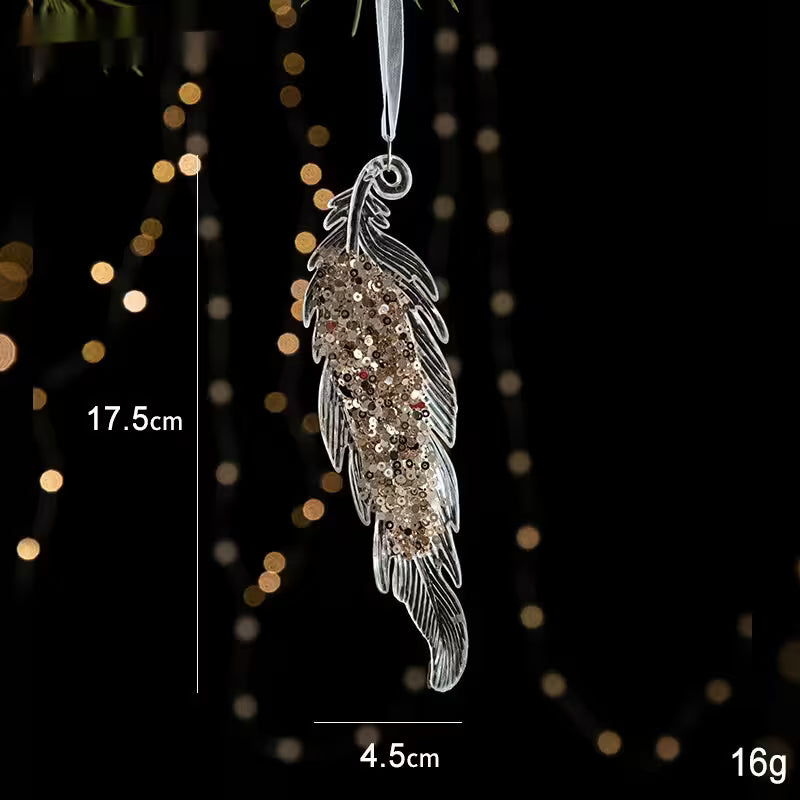 Decorative feather ornament with measurements against a blurred light background