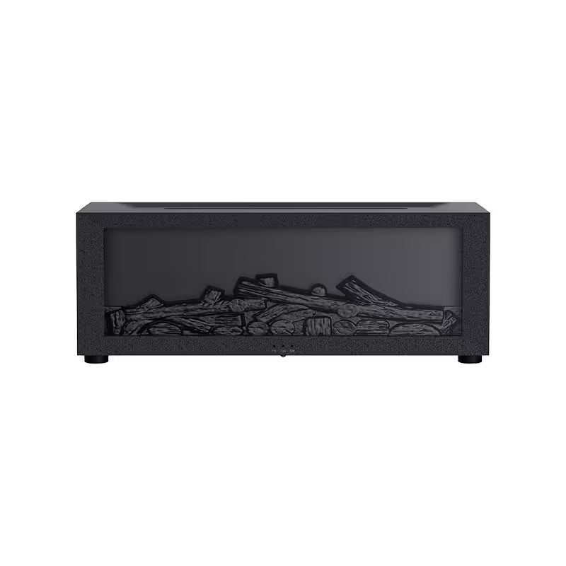 Black electric fireplace insert with logs on a white background