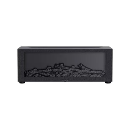 Black electric fireplace insert with logs on a white background