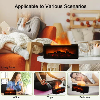 Electric fireplace with various scenarios including living room, office, yoga, and bedroom.