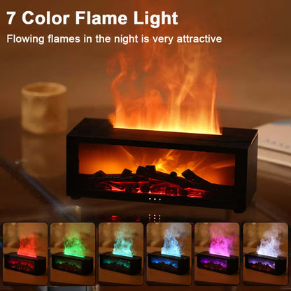 7 color flame light with flowing flames on a reflective surface, surrounded by small stones.