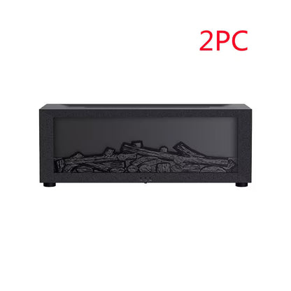 Black fireplace insert with decorative logs and '2PC' label on a white background